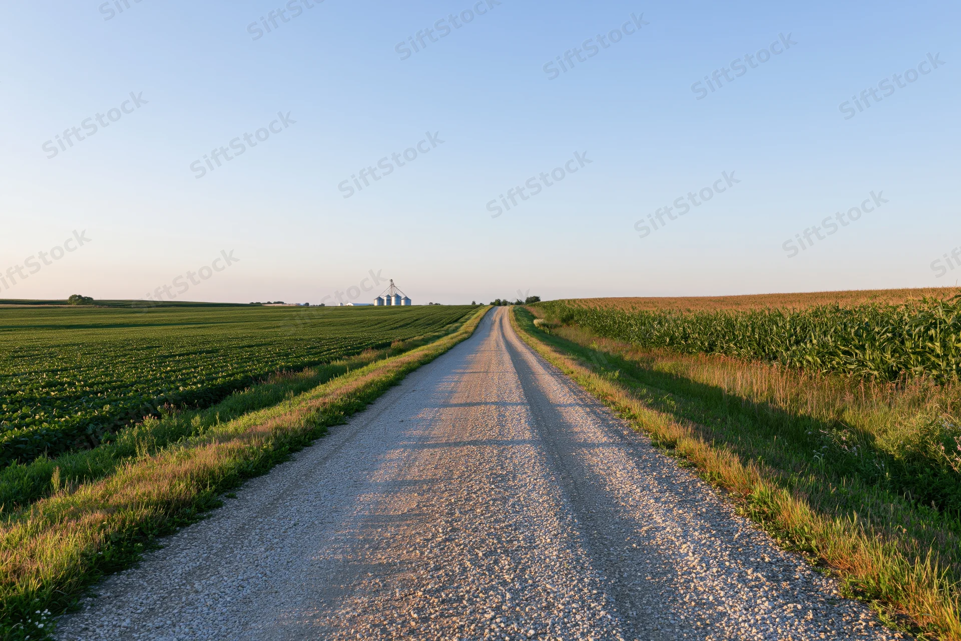 Straight gravel road through flat farmland with corn and soybean fields leading to distant silo under clear blue sky