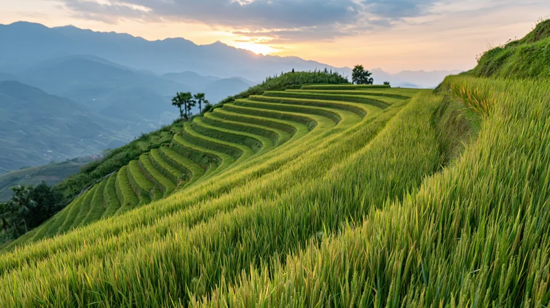 Terraced rice paddies cascading down a hillside at sunset with mountains in the background