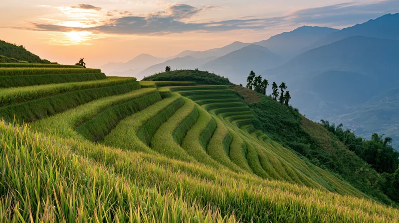 Terraced rice paddies cascading down a hillside at sunset with mountains in the background