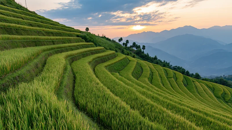 Terraced rice paddies cascading down a hillside at sunset with mountains in the background