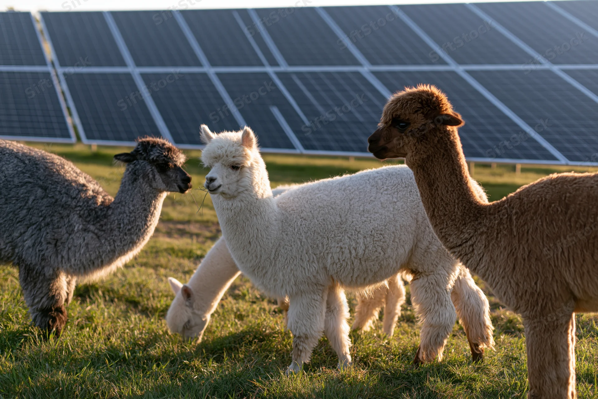 Three alpacas grazing in a grassy field with solar panels in the background