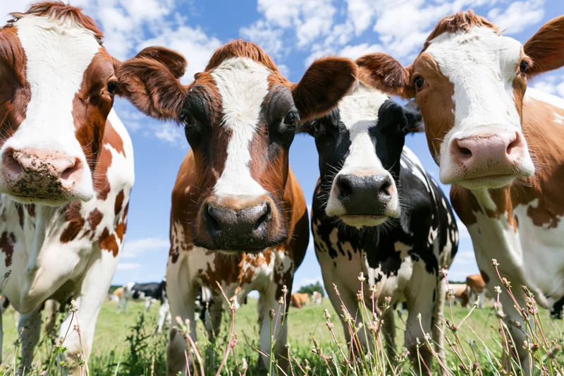 Four cows facing camera in a grassy pasture under a blue sky