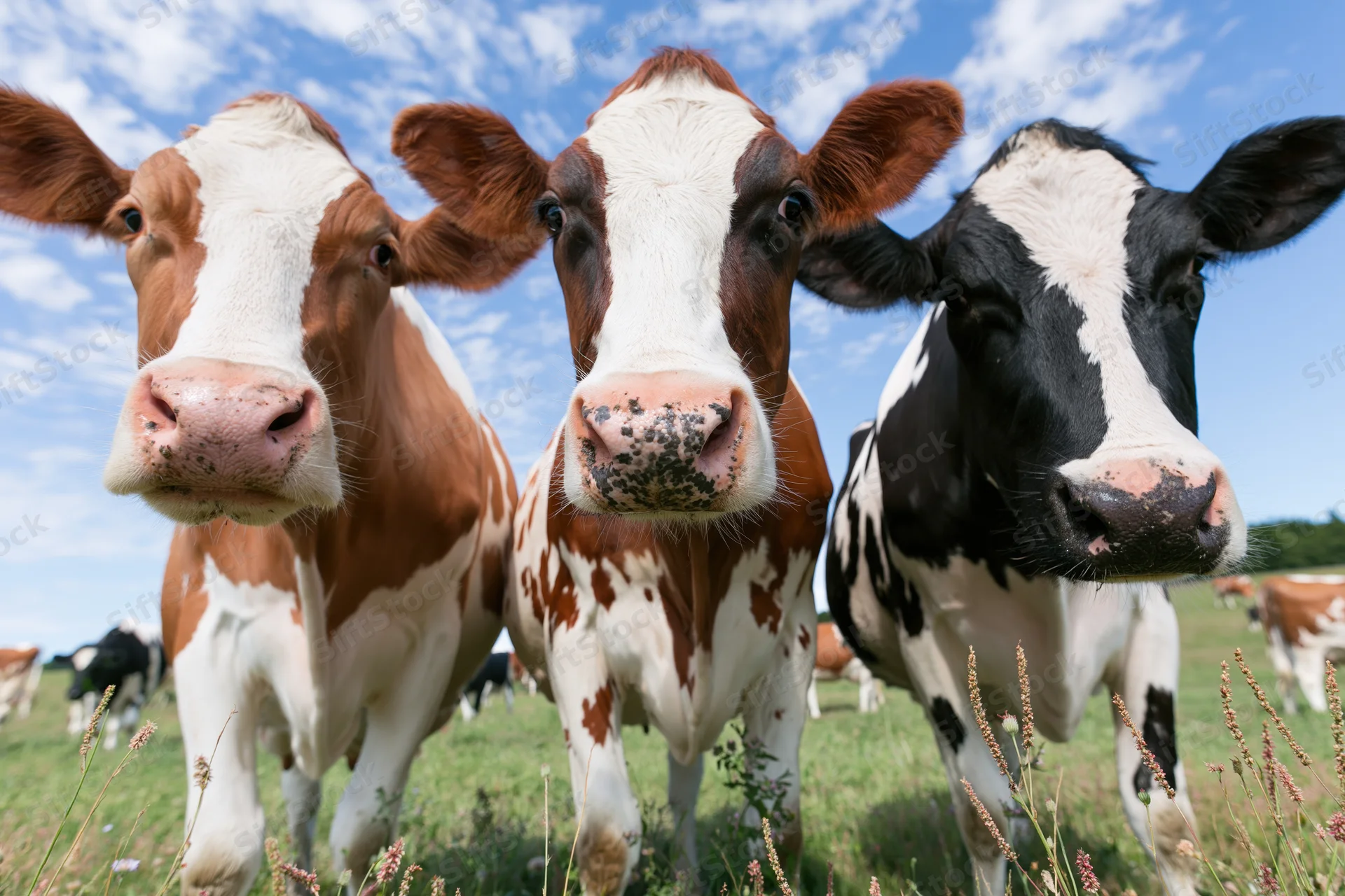 Three cows standing close together in a grassy field under a blue sky