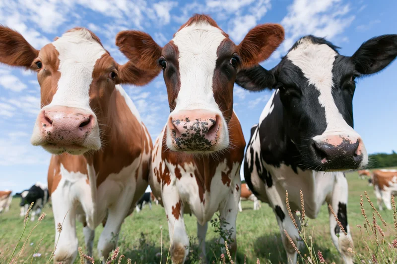 Three cows standing close together in a grassy field under a blue sky