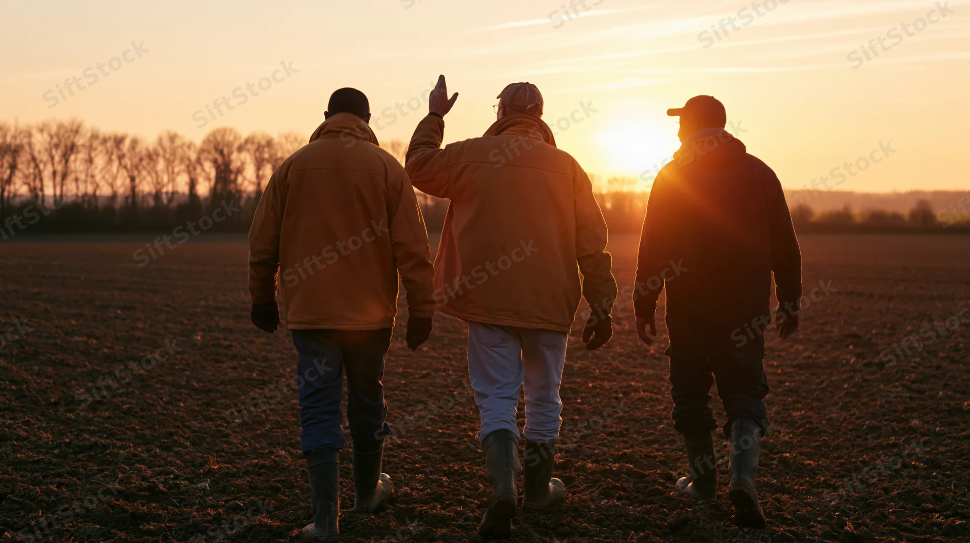 Three farmers walking away across a tilled field at sunset