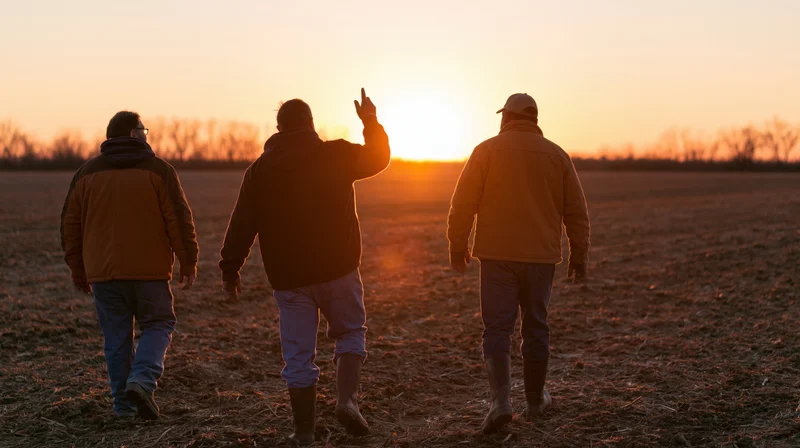 Three farmers walking away across a tilled field at sunset