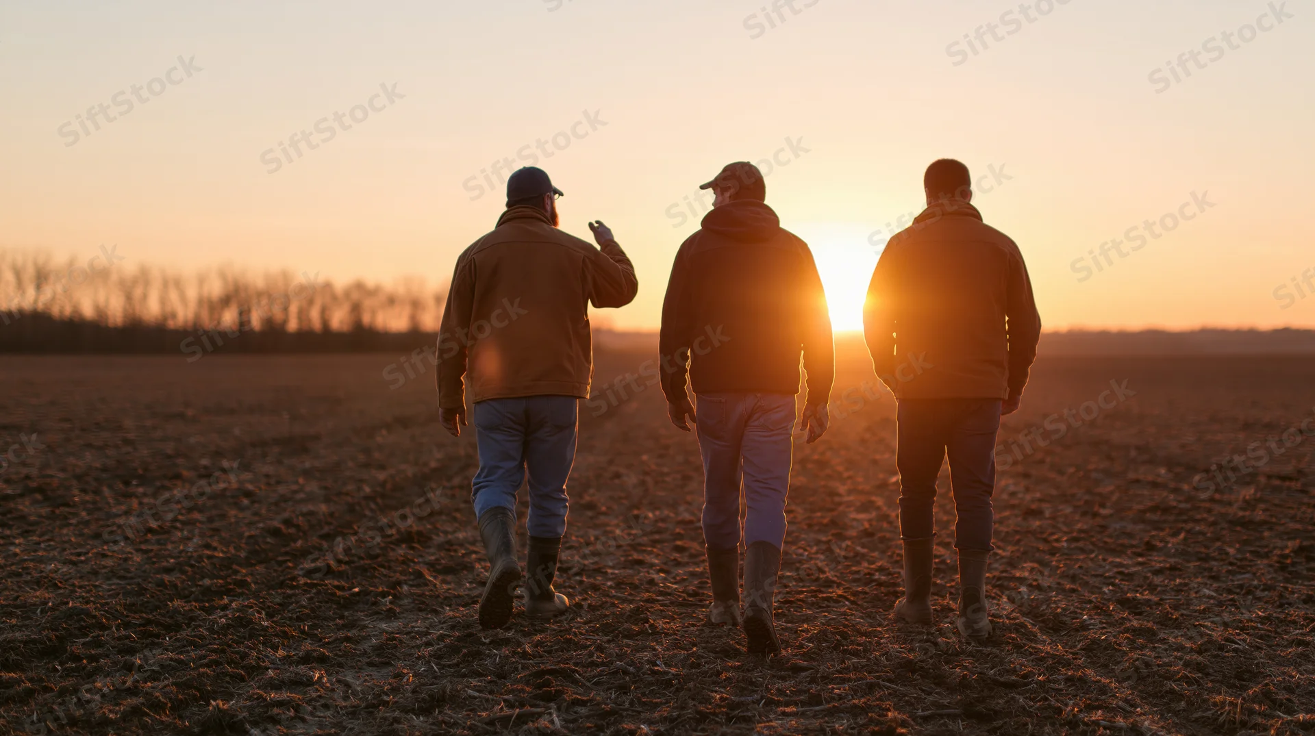 Three farmers walking away across a tilled field at sunset
