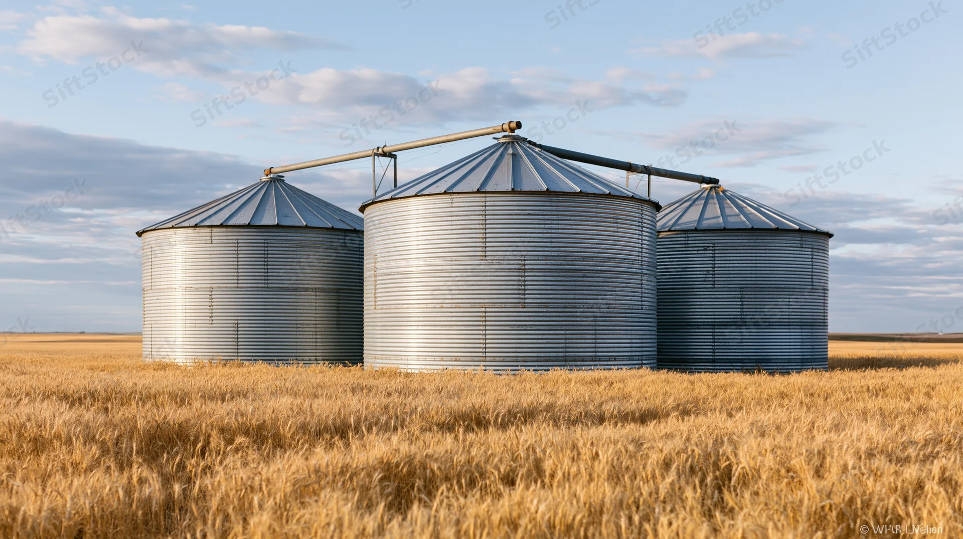 Three corrugated steel grain silos standing in a golden wheat field under a partly cloudy sky