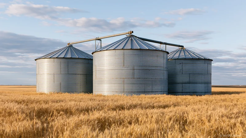 Three corrugated steel grain silos standing in a golden wheat field under a partly cloudy sky