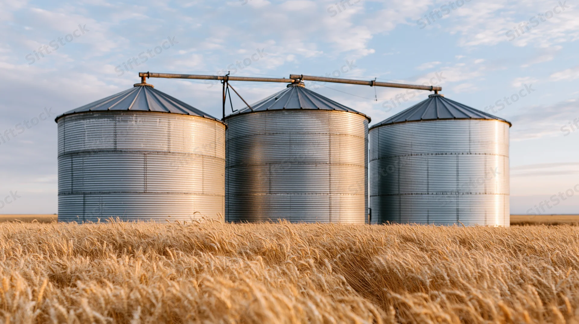 Three corrugated steel grain silos standing in a wheat field under a partly cloudy sky