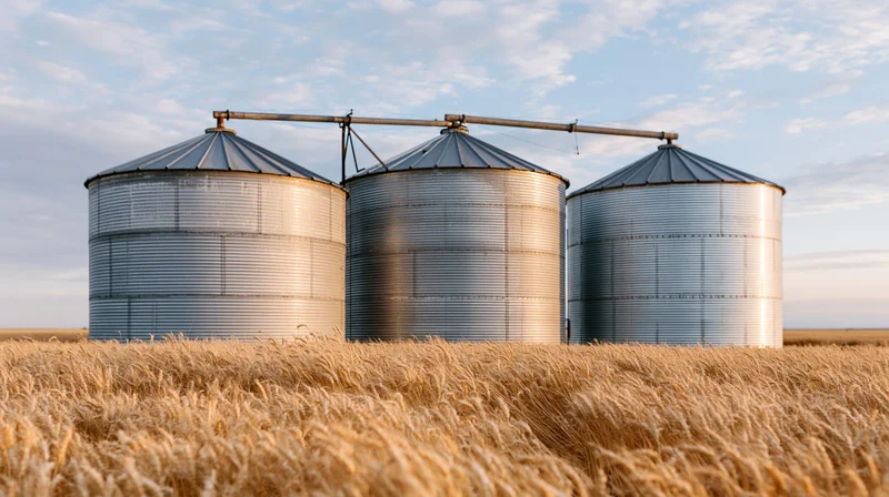 Three corrugated steel grain silos standing in a wheat field under a partly cloudy sky