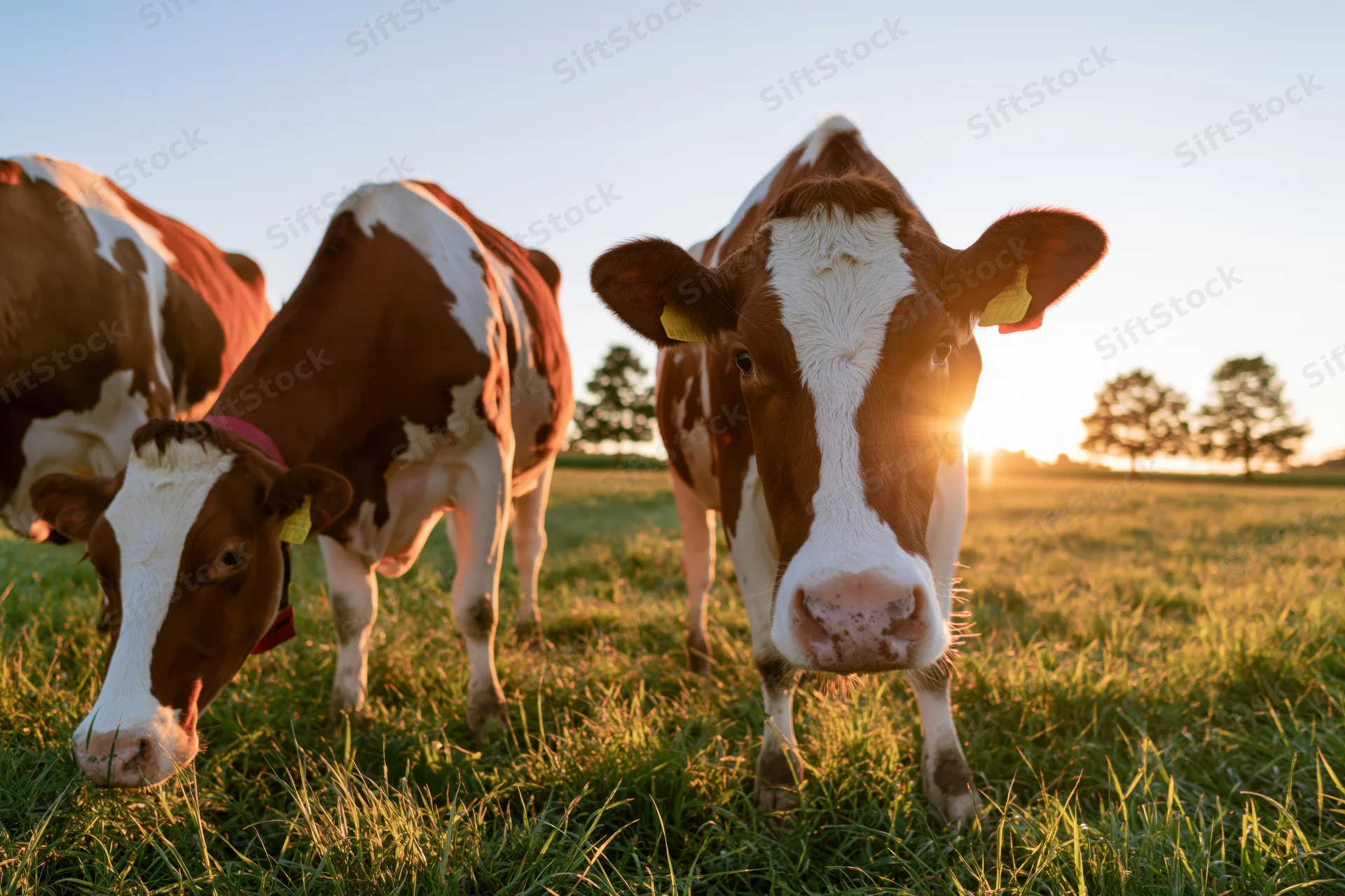 Three Holstein cows grazing in a grassy pasture at sunset