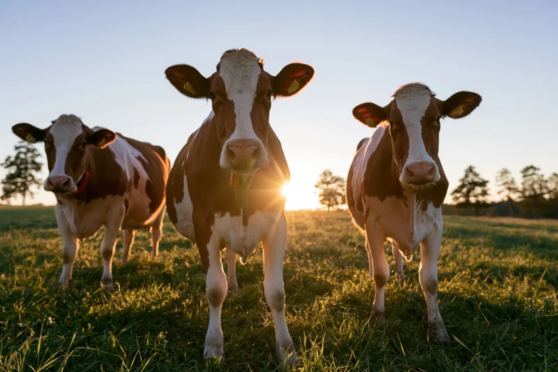 Three holstein cows standing in a grassy pasture at sunset
