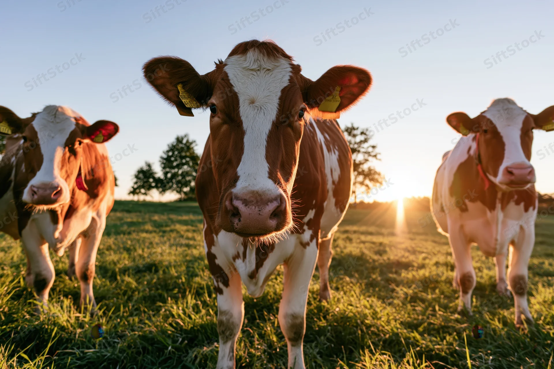 Three holstein cows standing in a grassy pasture at sunset
