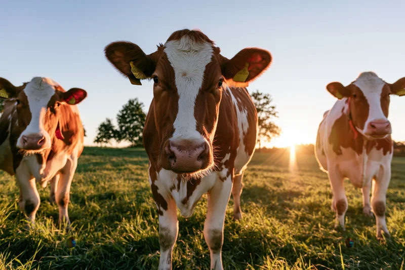 Three holstein cows standing in a grassy pasture at sunset