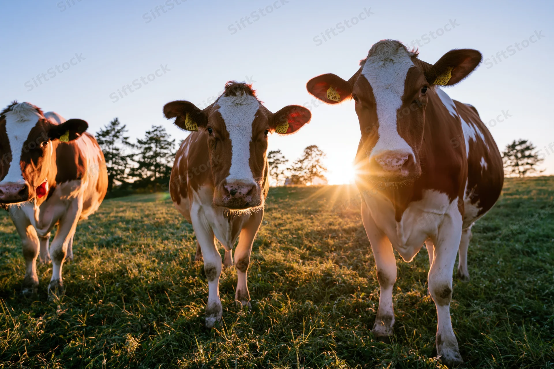 Three holstein cows standing in a grassy pasture at sunrise