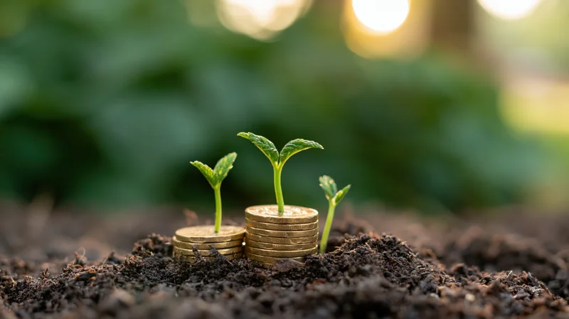 Small green seedlings sprouting from stacked gold coins in soil with blurred greenery and sunlight in background