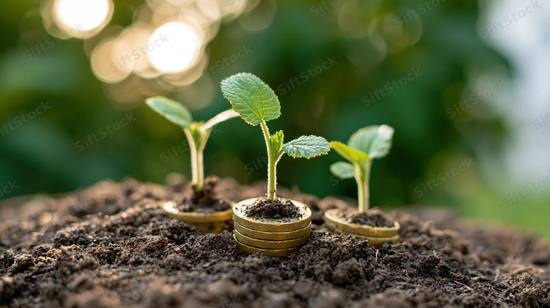 Three small green seedlings sprouting from stacked gold coins in soil with blurred greenery behind