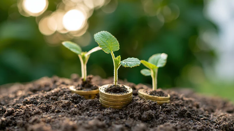 Three small green seedlings sprouting from stacked gold coins in soil with blurred greenery behind