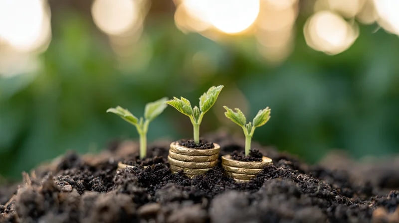 Three small green seedlings sprouting from stacked gold coins in soil with blurred greenery behind