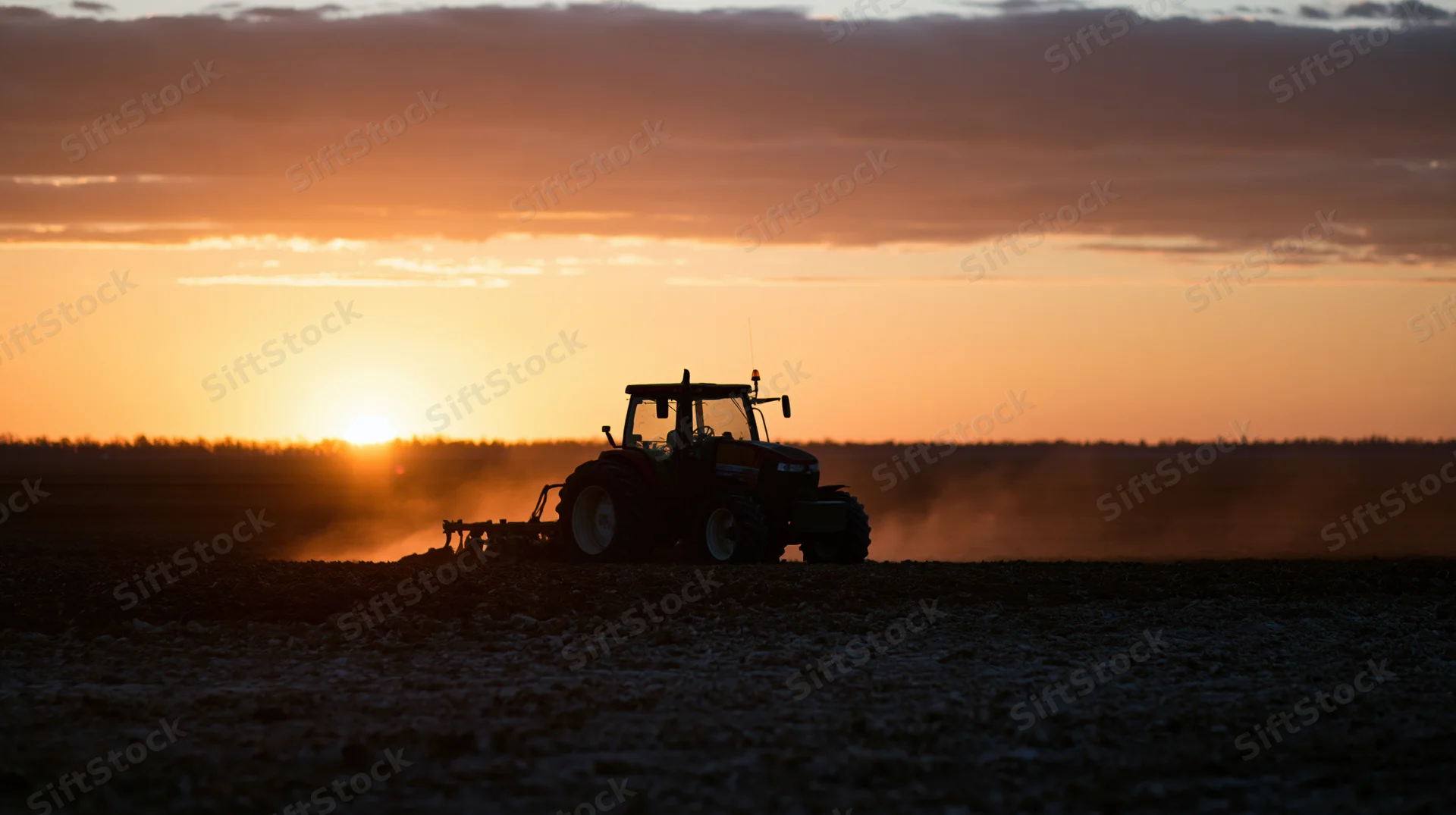 Tractor with attached plow working a flat agricultural field at sunset
