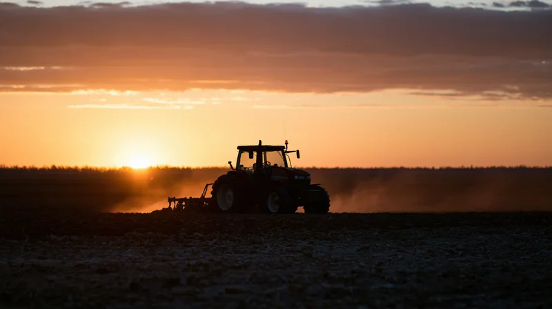 Tractor with attached plow working a flat agricultural field at sunset