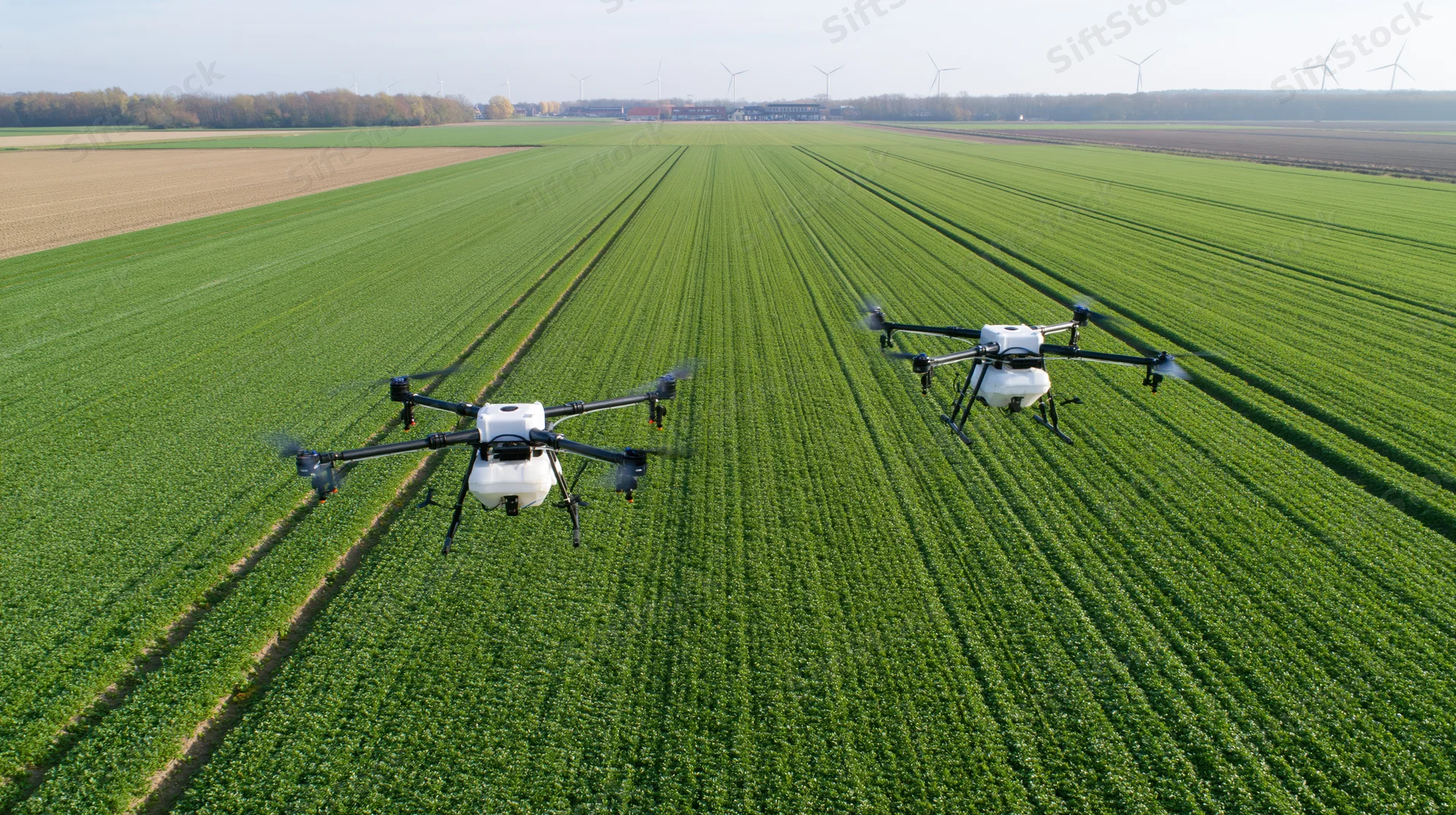 Two agricultural spray drones flying low over a vast field