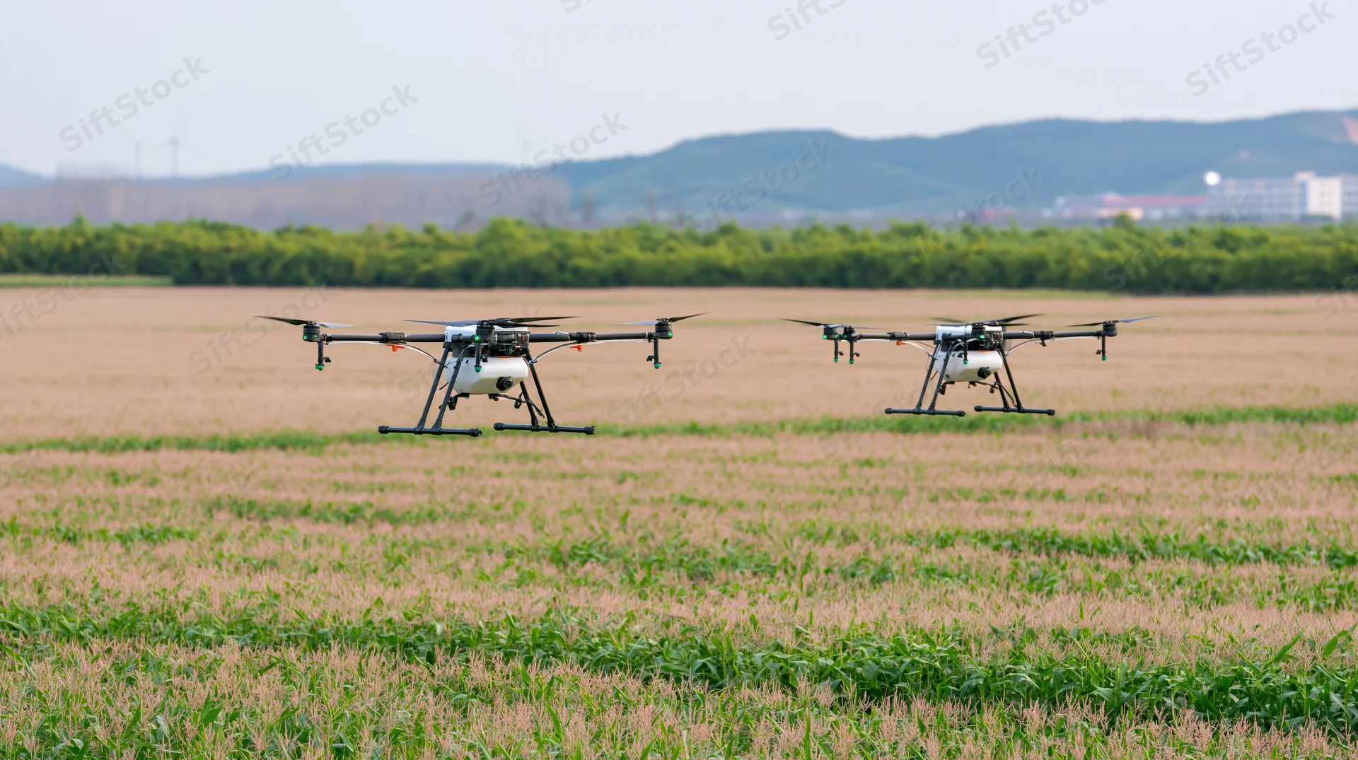 Two agricultural drones flying low over a vast crop field in rural landscape