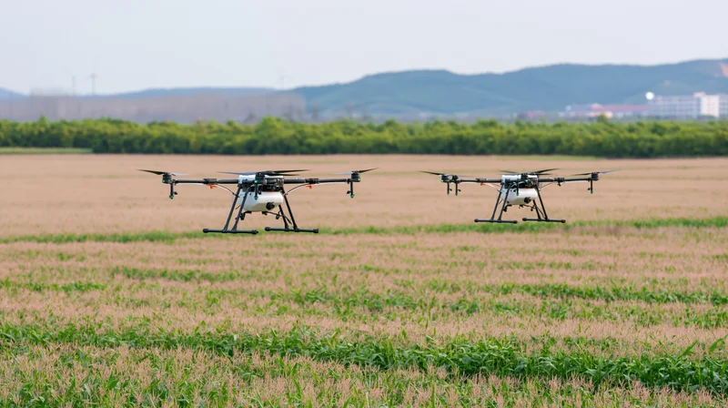 Two agricultural drones flying low over a vast crop field in rural landscape
