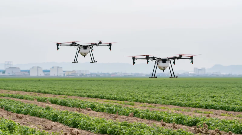 Two agricultural drones flying low over a green crop field