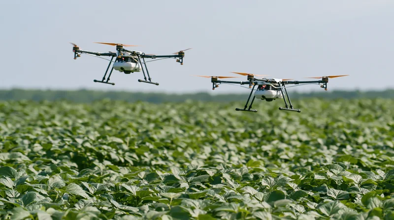Two agricultural sprayer drones flying low over a dense soybean field
