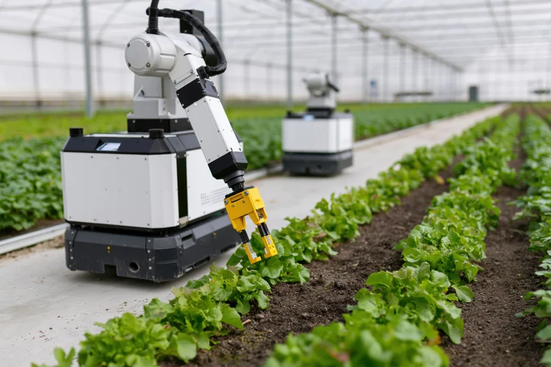 Autonomous robot moving along concrete path in greenhouse inspecting rows of lettuce