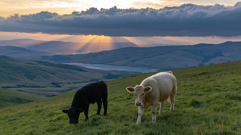 Two cattle grazing on a sloping green pasture with sunbeams through clouds over distant hills