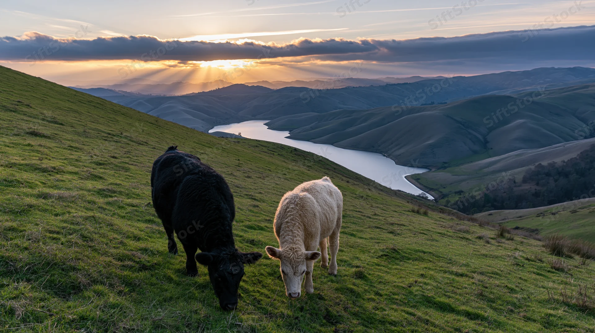 Two cattle grazing on a sloping green pasture with a river and hills in the background at sunset