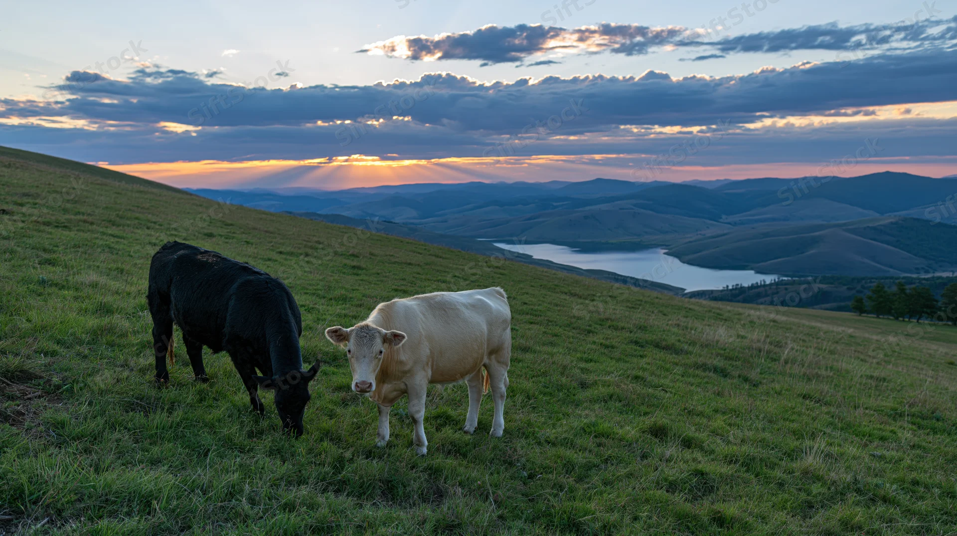 Two cattle grazing on a sloping green pasture at sunset with distant hills and a lake in the valley