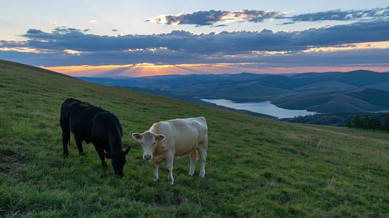 Two cattle grazing on a sloping green pasture at sunset with distant hills and a lake in the valley