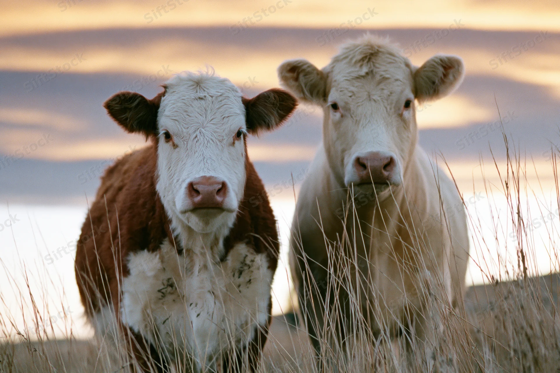 Two cows standing side by side in a grassy pasture at sunset