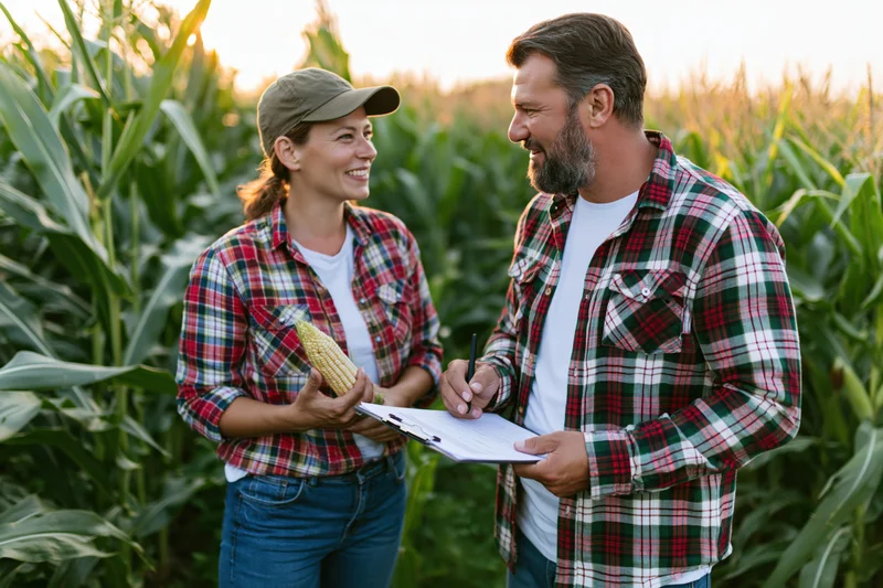 Two farmers inspecting corn crop in field at sunset