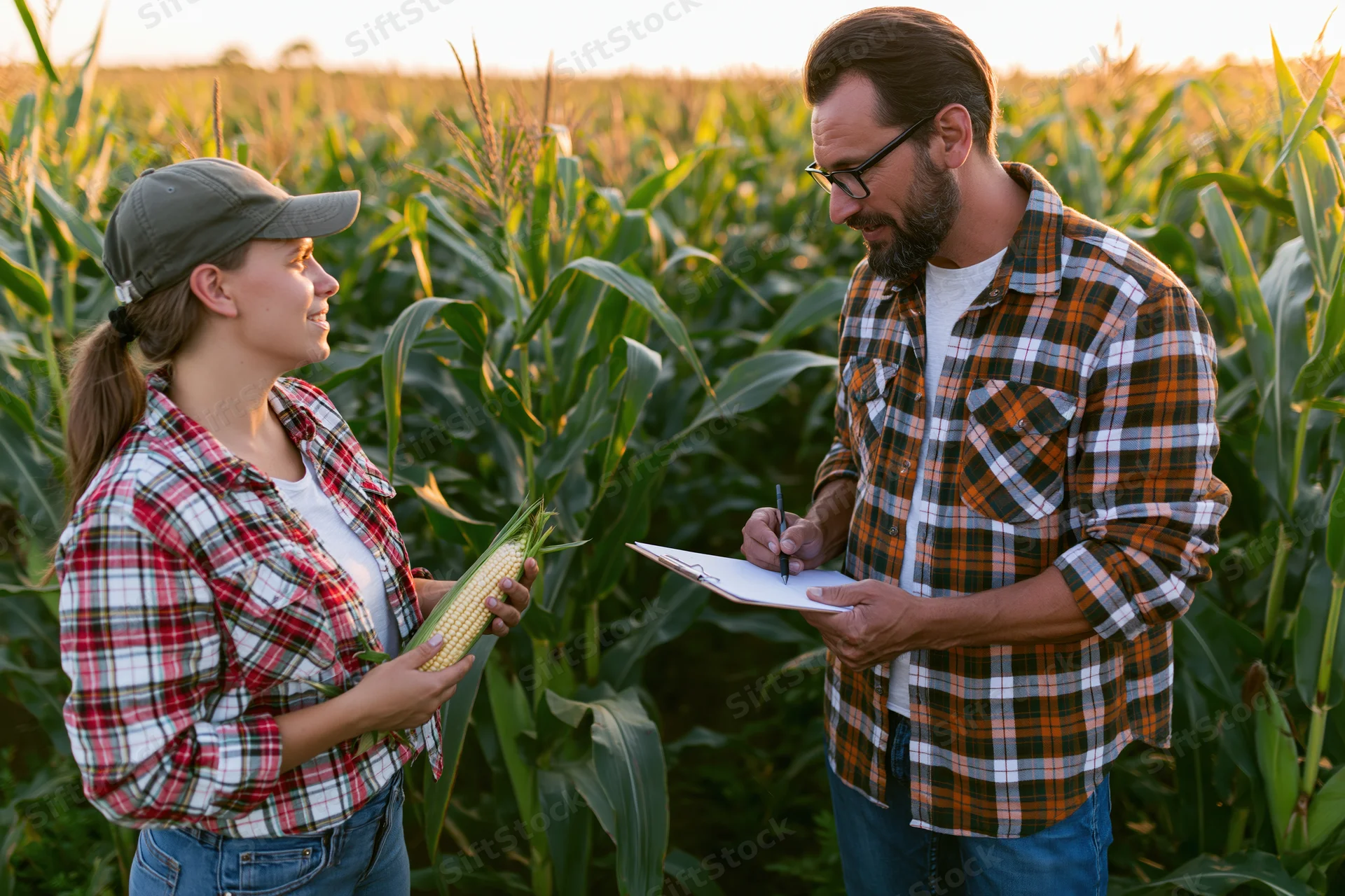 Two farmers inspecting a corn cob in a field during daylight