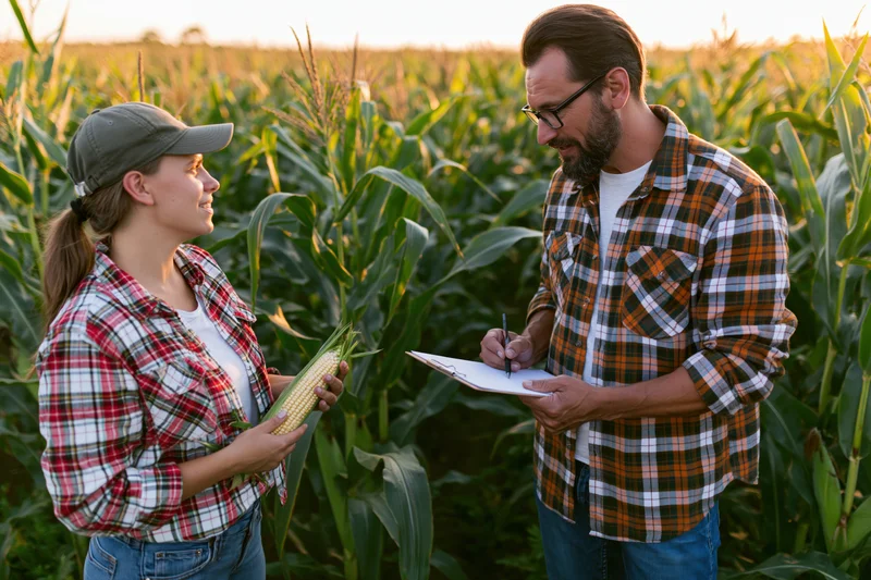 Two farmers inspecting a corn cob in a field during daylight