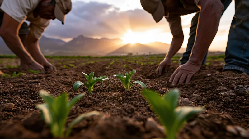 Two farmers planting seedlings in tilled soil rows at sunrise
