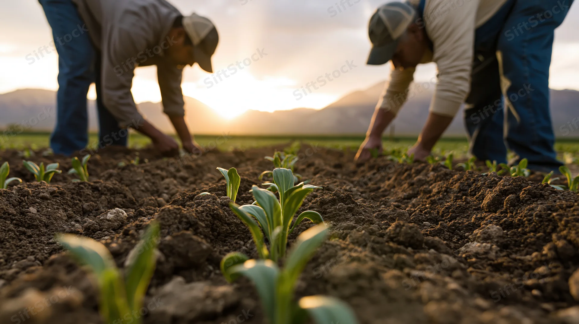 Two farmers planting seedlings in tilled soil rows at sunset