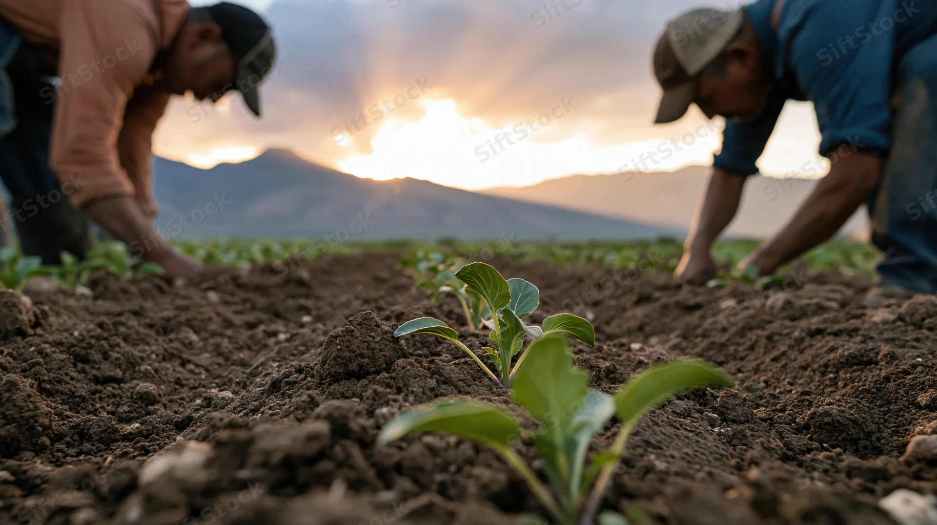 Two farmers planting seedlings in tilled soil rows at sunset with mountains in the background