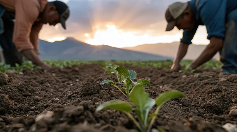 Two farmers planting seedlings in tilled soil rows at sunset with mountains in the background