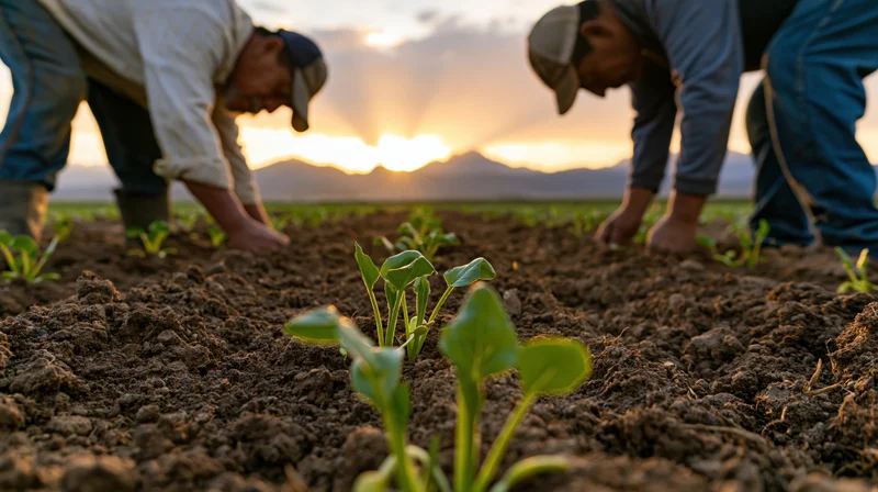 Two farmers bending over to plant seedlings in tilled soil rows at sunset