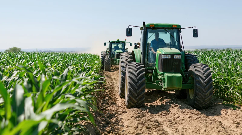Two green tractors driven by farmers working in a cornfield row