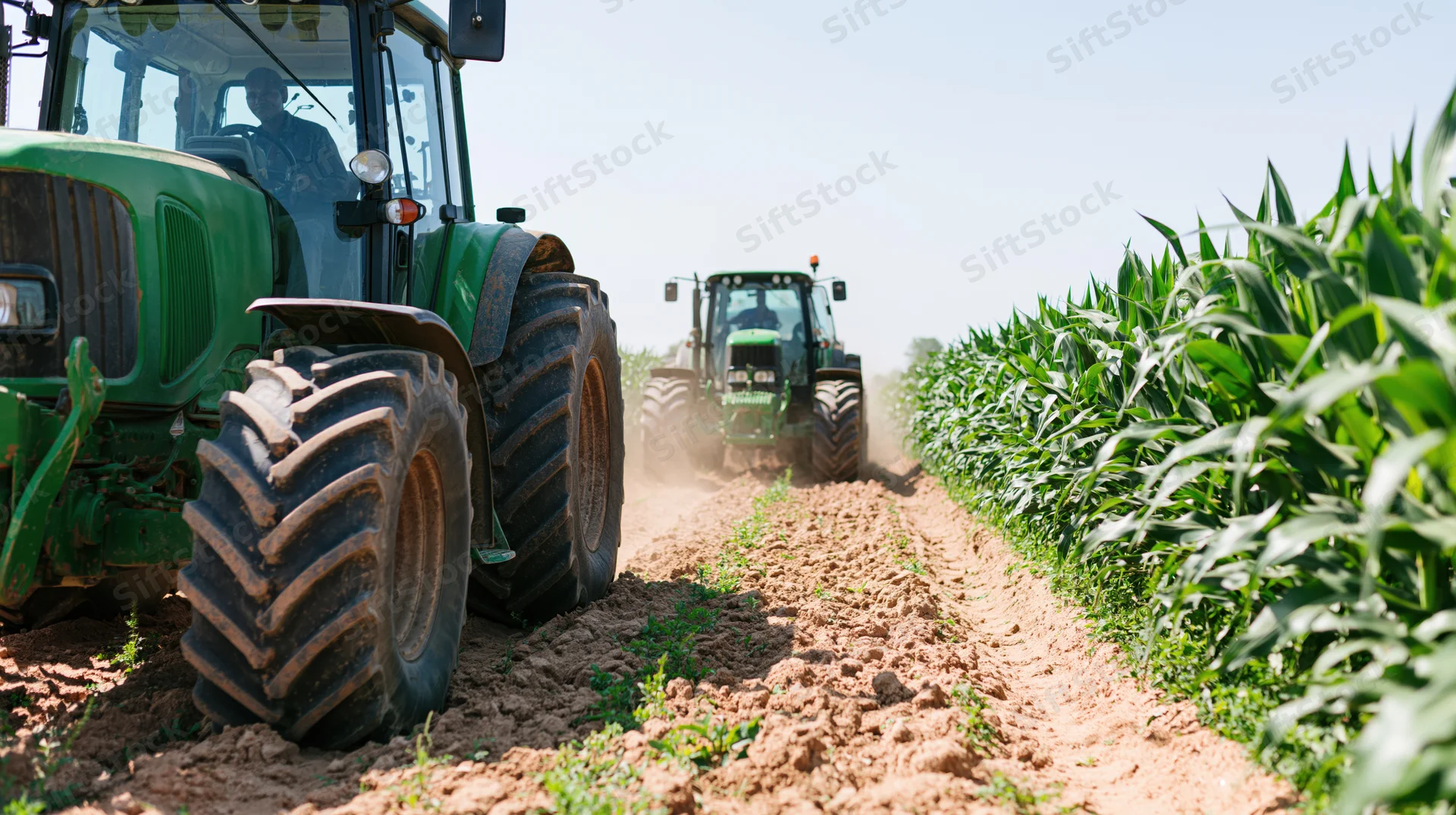 Two green tractors plowing a cornfield with farmers driving them
