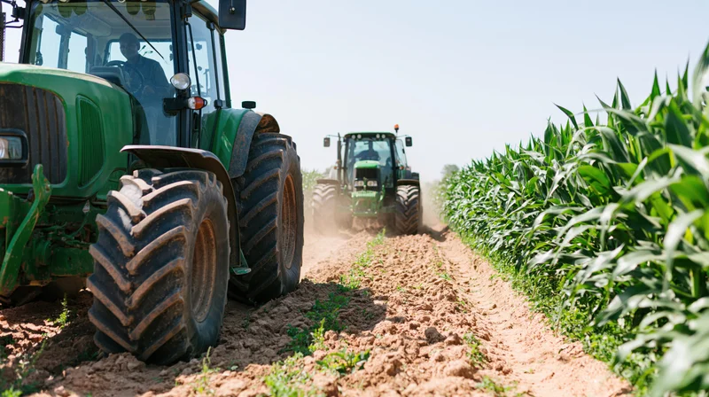 Two green tractors plowing a cornfield with farmers driving them