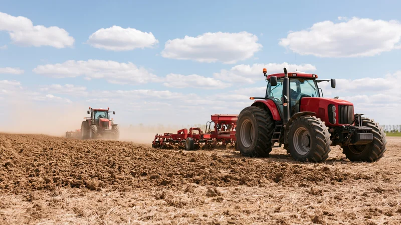 Two red tractors pulling tillage equipment across a tilled field