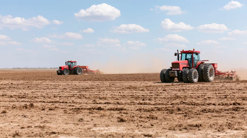 Two red tractors pulling tillage equipment across a freshly tilled field under a blue sky with scattered clouds